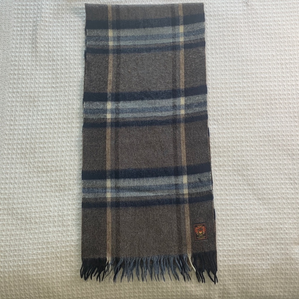 Plaid wool scarf tan, brown, navy - Picture 2 of 7